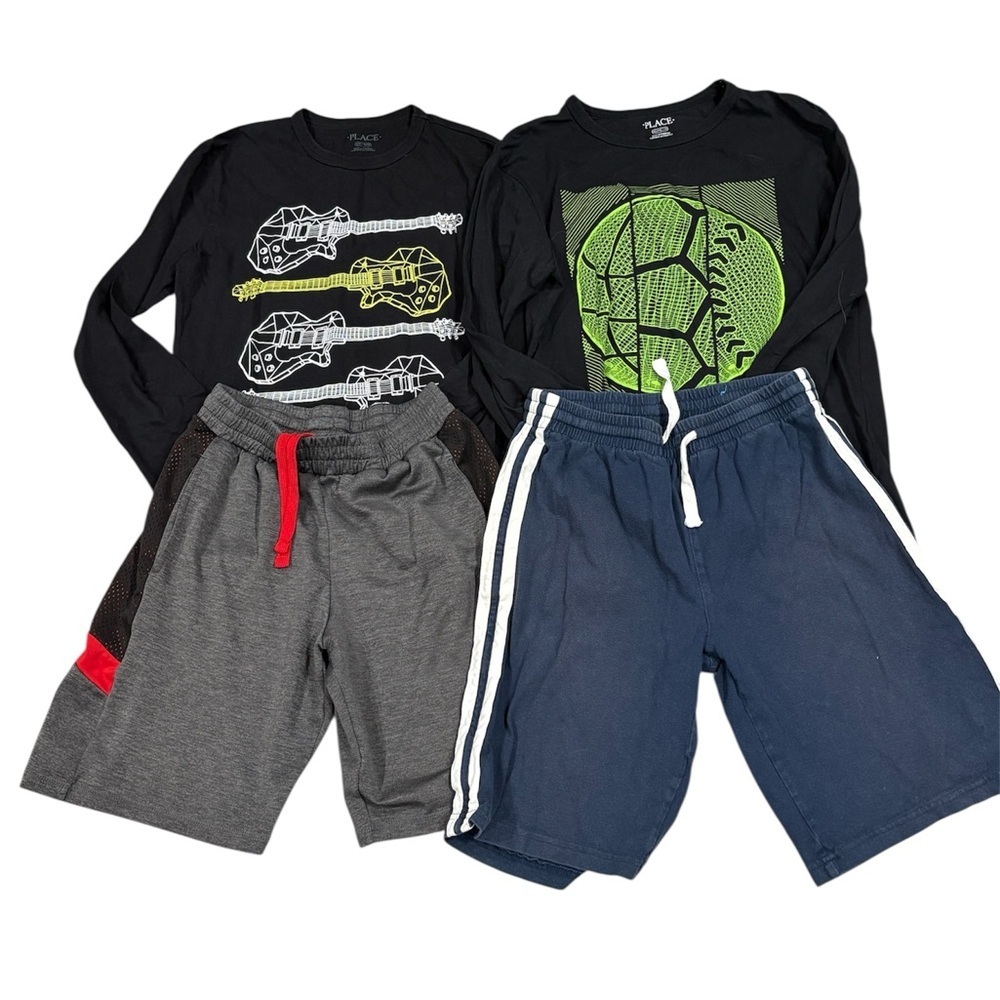 258. Boys Graphic Long Sleeve Tops & Shorts- Black, Gray, Navy, Green Size 10-14
